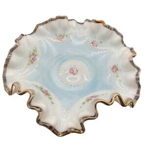 Vtg Fenton Gold Crest Pink Roses Milk Glass Hand-Painted Trinket Dish 6"D